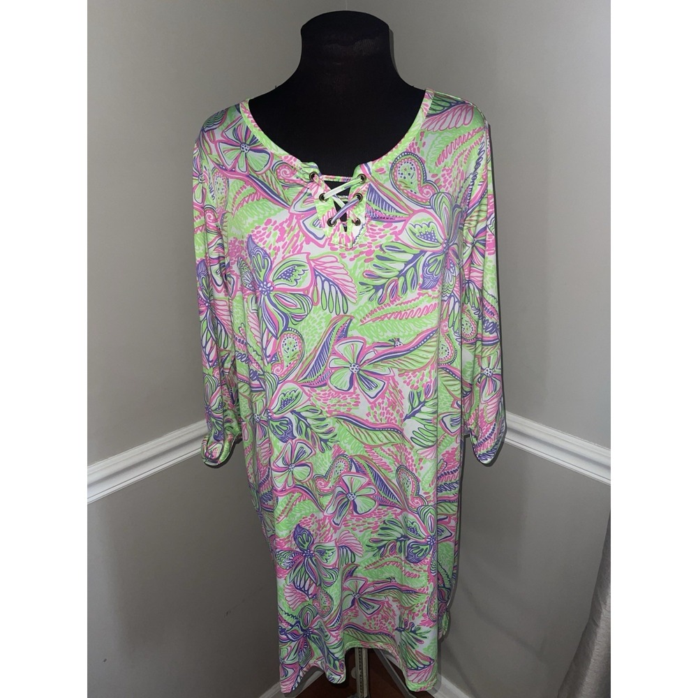 Stella Parker Women's Sun Dress Size L Long Sleeve Lace Up Pink Green Floral